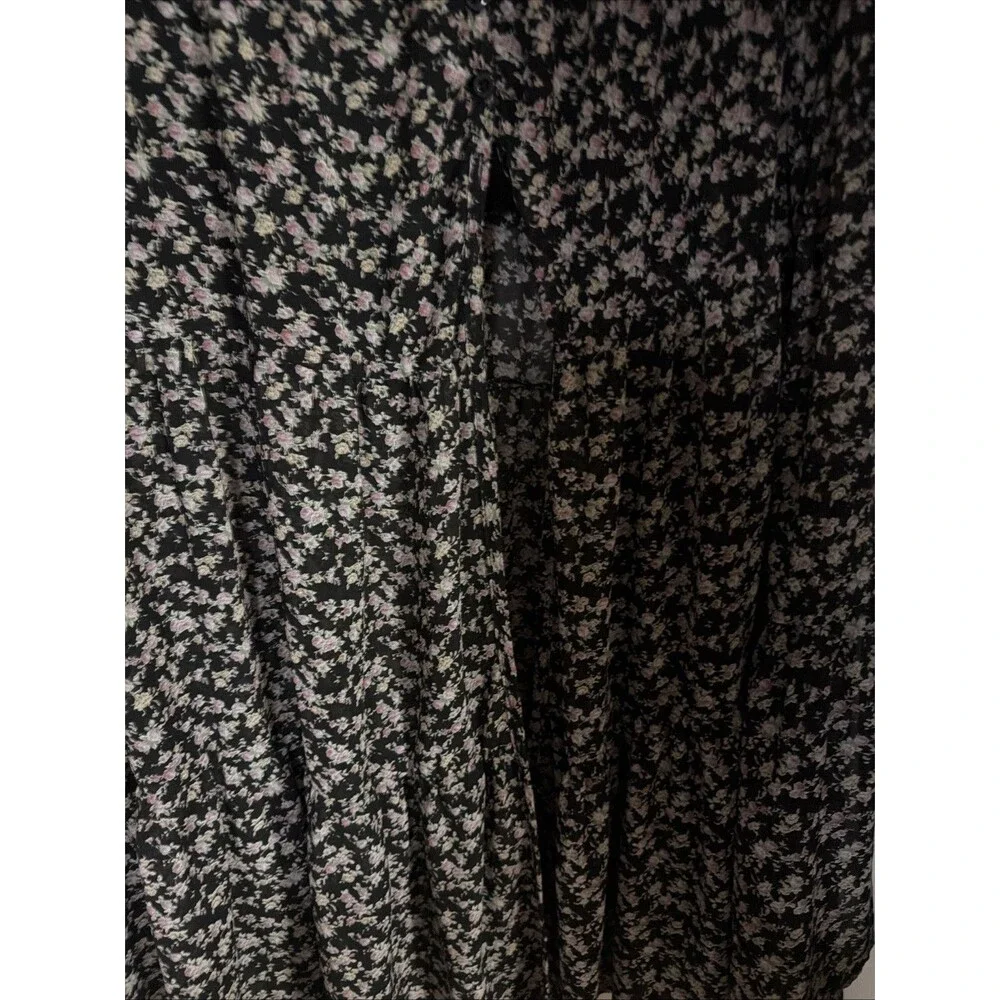 Lulus Black Violet Floral Skirt Front Button Slit Boho Cottage Midi Size Medium